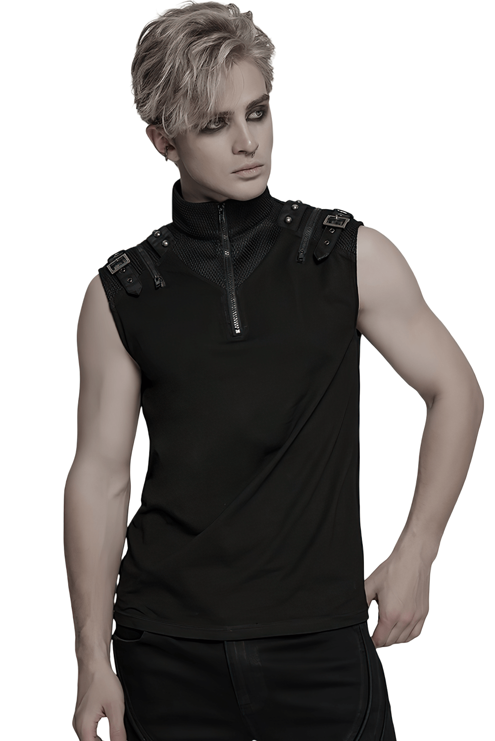 Stylish punk tank top with metal shoulder decoration, featuring a sleek black design and modern cut.