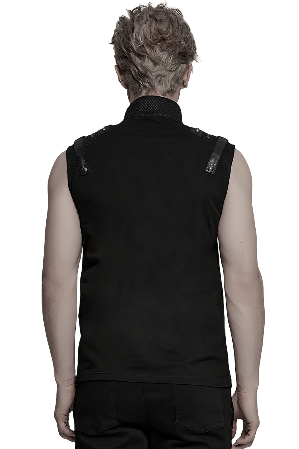 Back view of a stylish punk tank top with metal shoulder decorations, perfect for edgy fashion lovers.