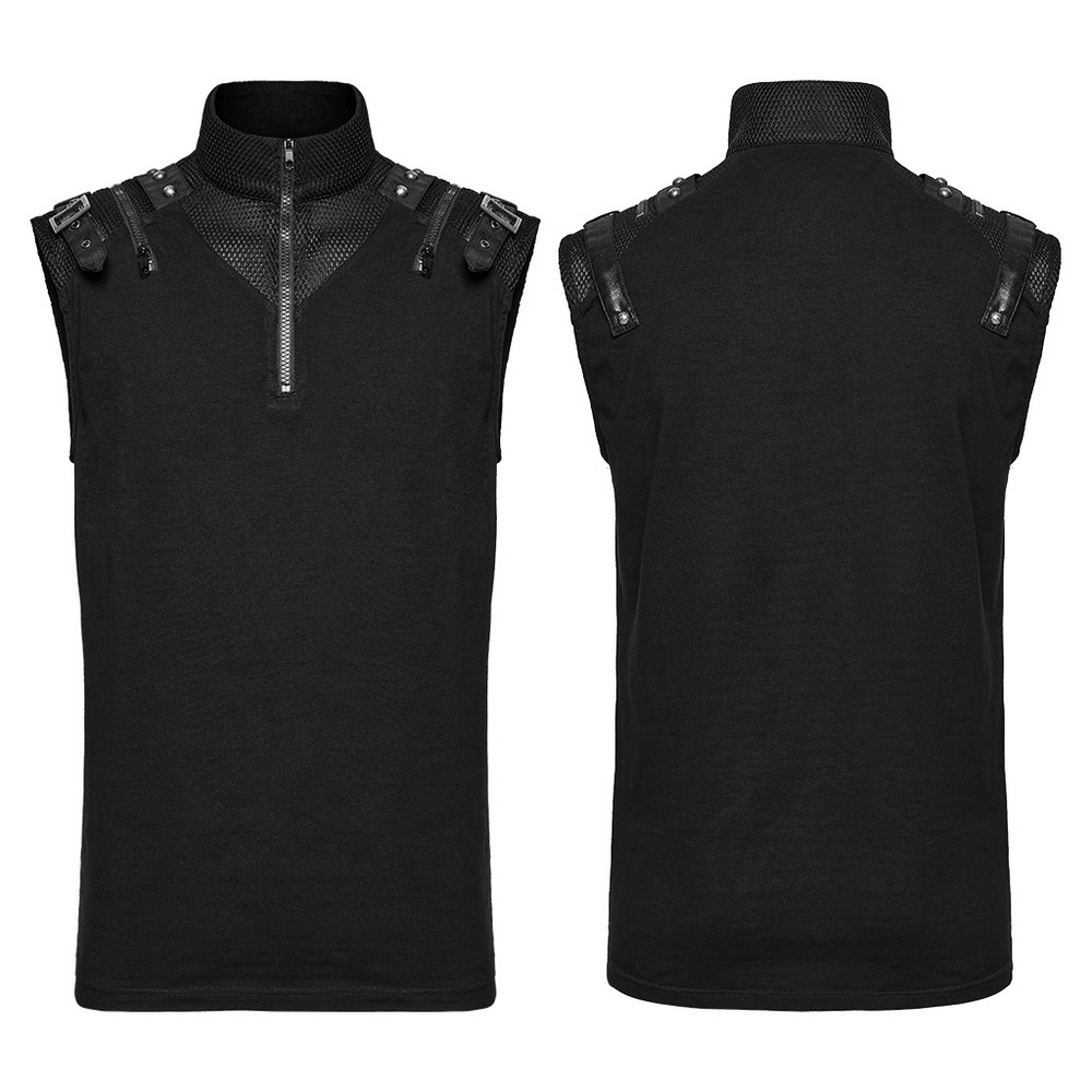 Stylish punk tank top featuring metal shoulder decorations and a sleek zippered collar, perfect for edgy fashion lovers.