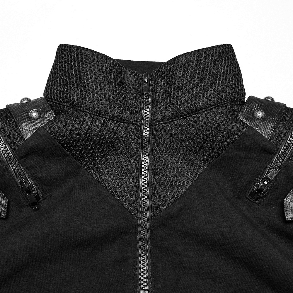 Stylish black punk tank top with metal shoulder decoration and unique textured collar design.