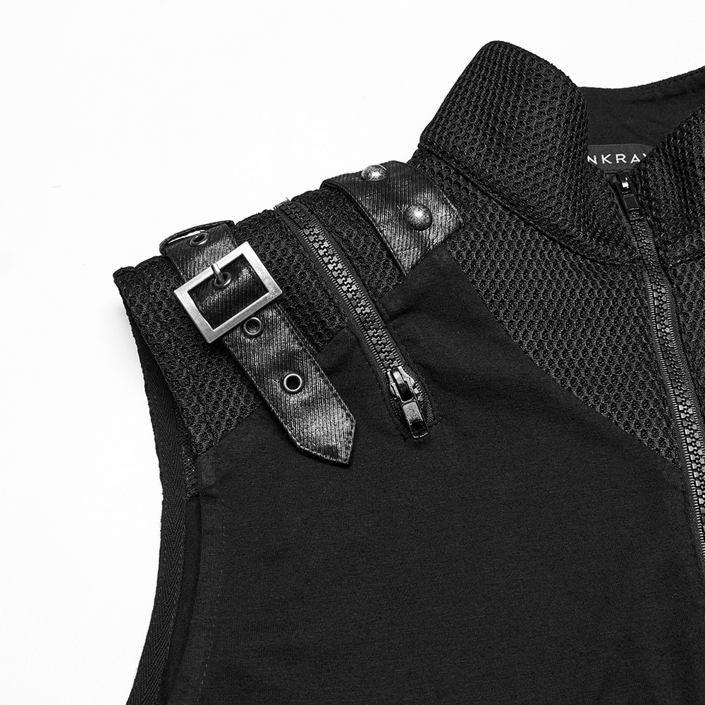 Stylish punk tank top featuring metal shoulder decorations and mesh details for a bold fashion statement.