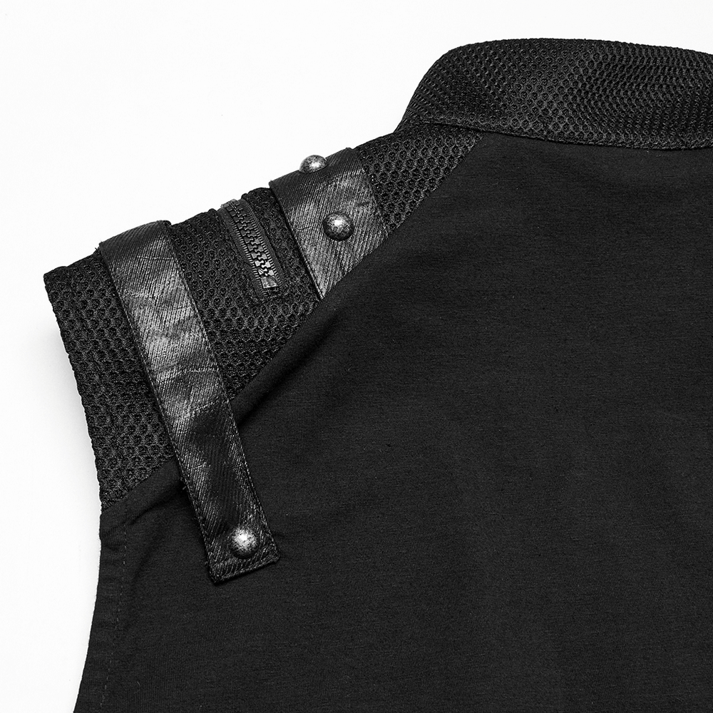 Close-up of stylish punk tank top with metal shoulder decorations and mesh detail, perfect for edgy outfits.