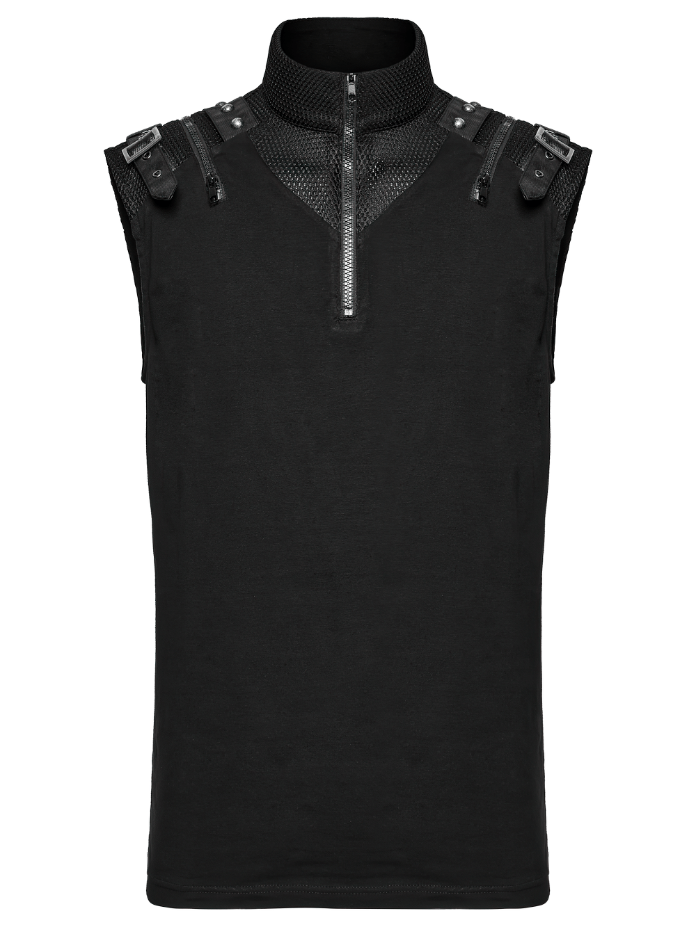 Stylish punk tank top featuring metal shoulder decorations and a chic zip neck for an edgy look.
