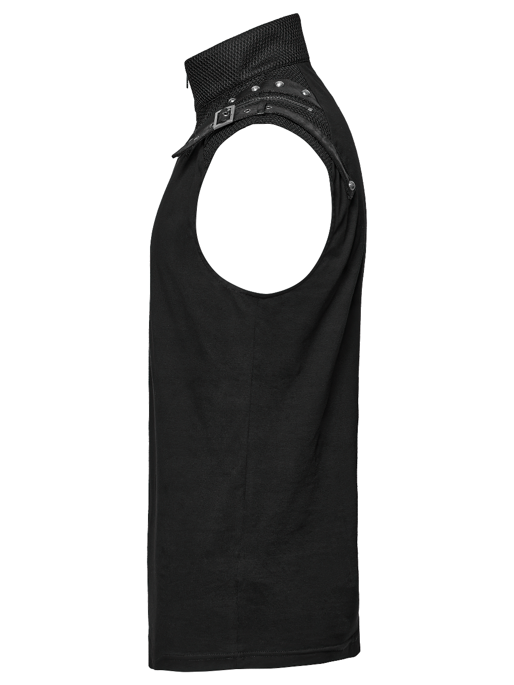 Stylish punk tank top featuring bold metal shoulder decorations for a trendy look.