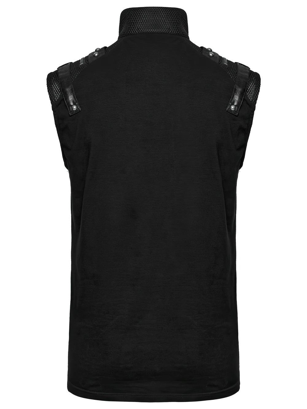 Stylish punk tank top with metal shoulder decorations, showcasing a sleek black design from the back.