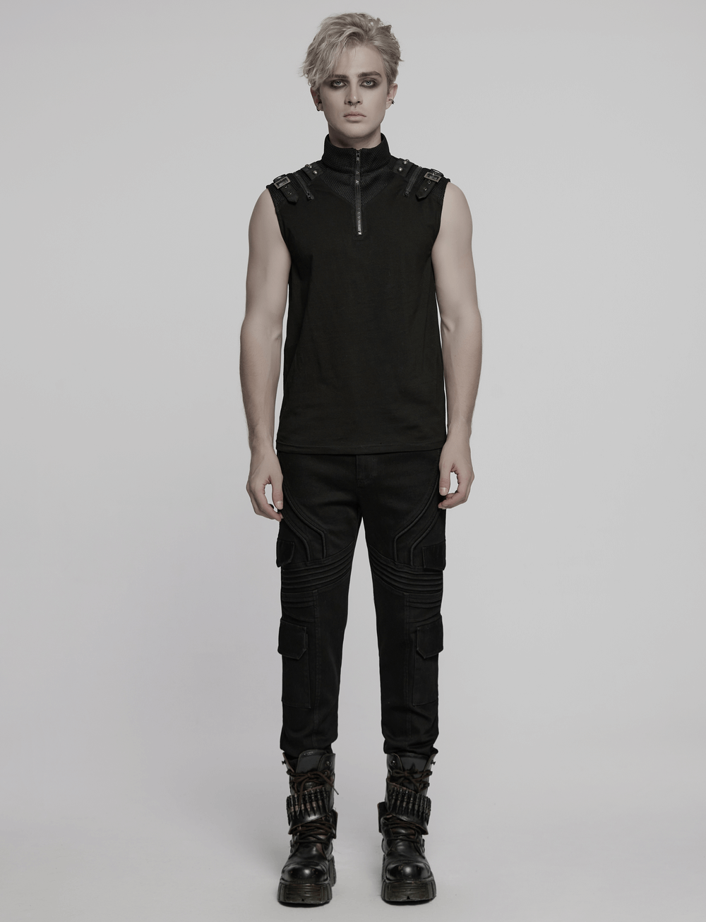 Stylish punk tank top featuring metal shoulder decoration, perfect for edgy, fashionable looks.