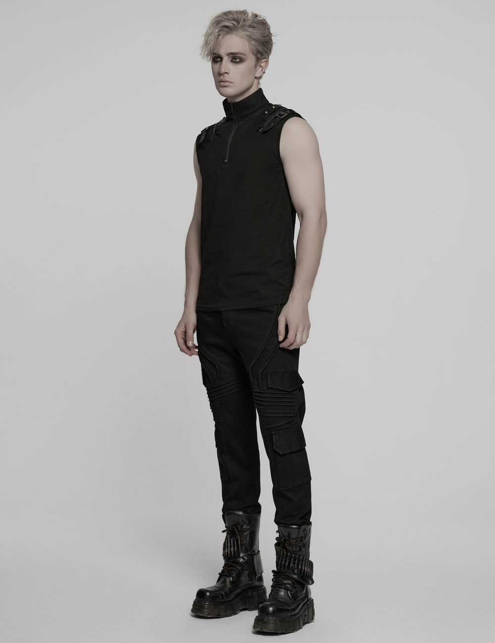 Stylish punk tank top with metal shoulder decoration, perfect for edgy fashion enthusiasts.