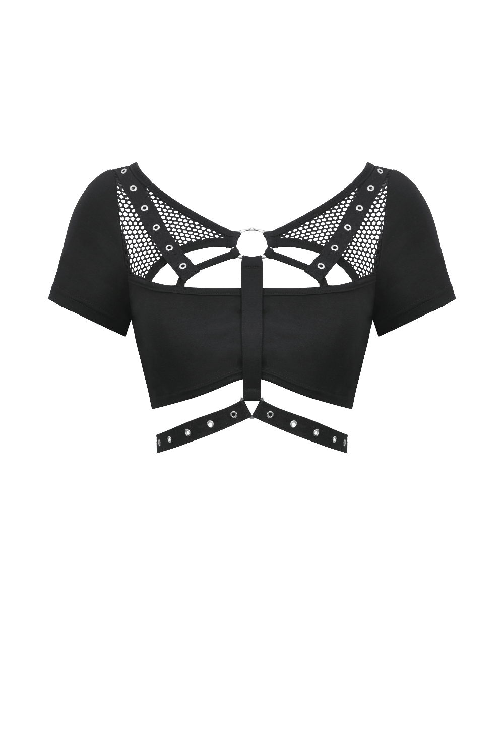 Stylish black women's crop top with metal accents and rivet details, perfect for punk fashion lovers.