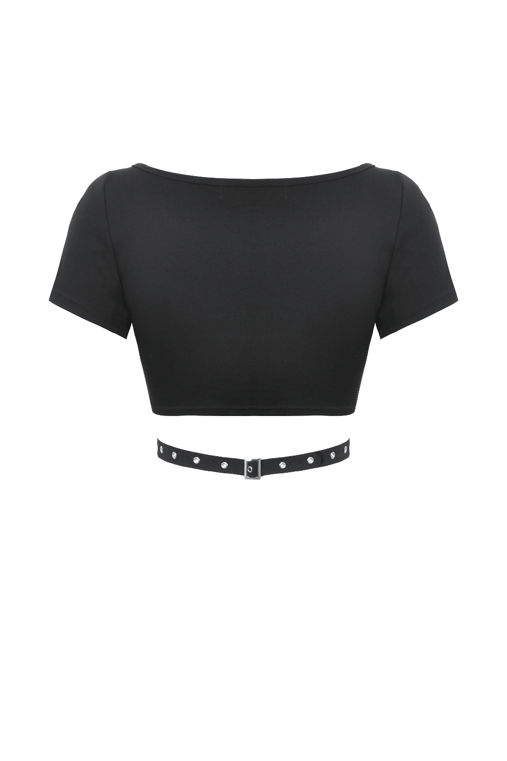 Back view of stylish punk women's black crop top with metal accents and rivet details.