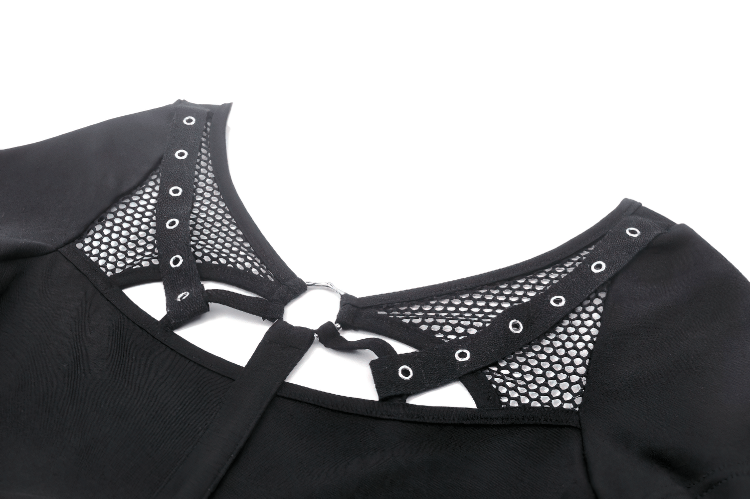 Close-up of a black women's crop top featuring mesh and metal accents, perfect for edgy punk style.