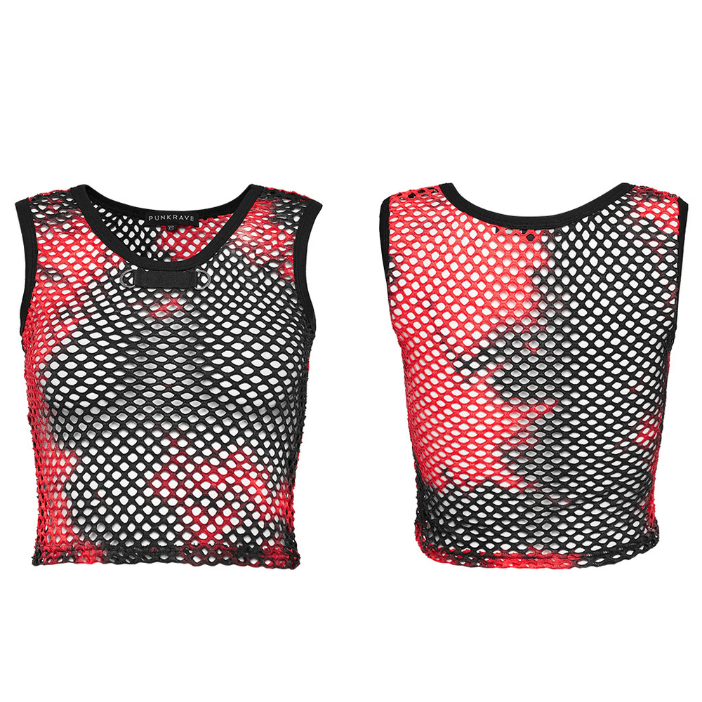 Stylish Red and Black Tie Dye Mesh Crop Tank Top