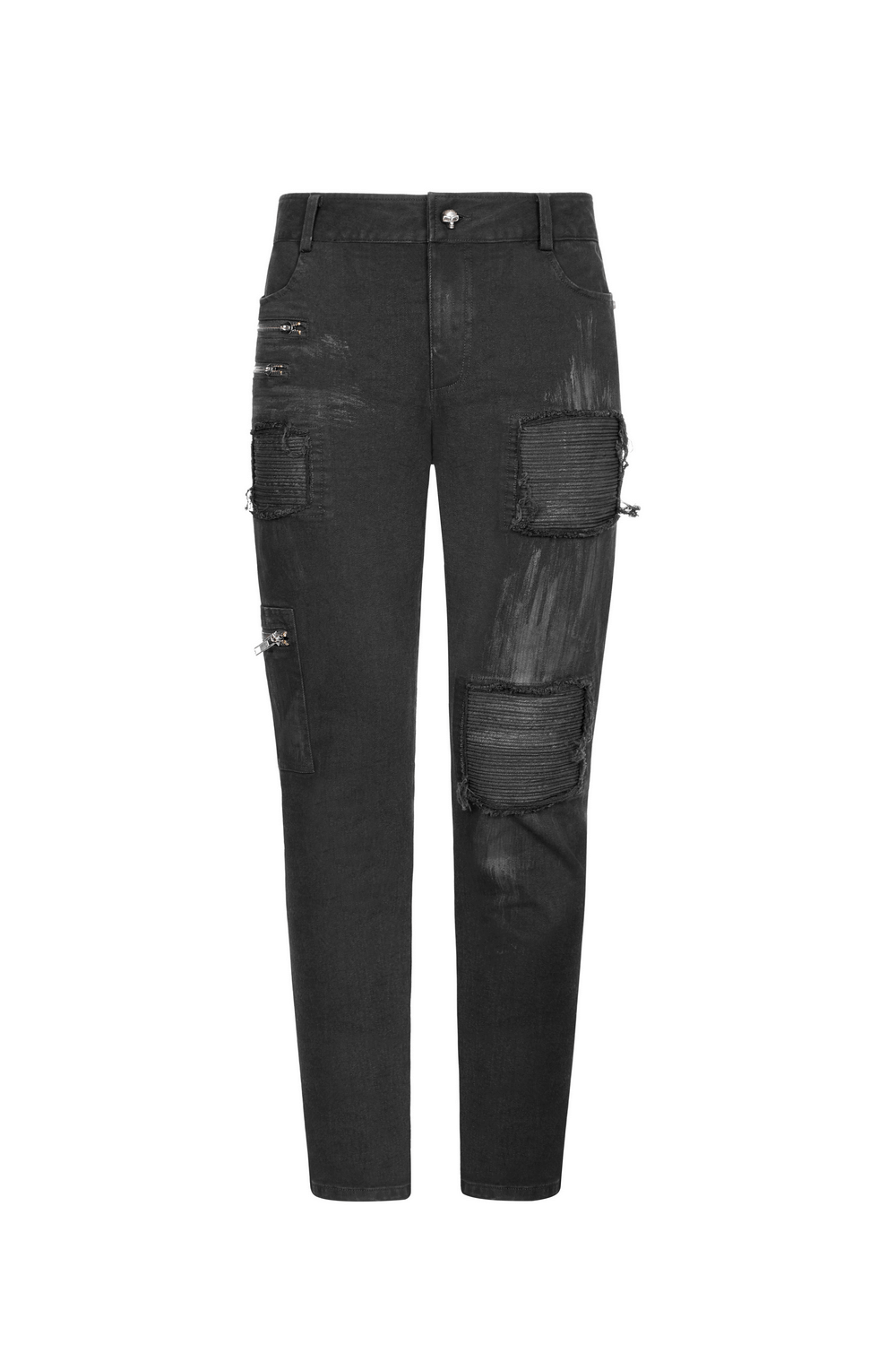 Stylish ripped black cargo pants with zip details and distressed accents for a punk-inspired look.