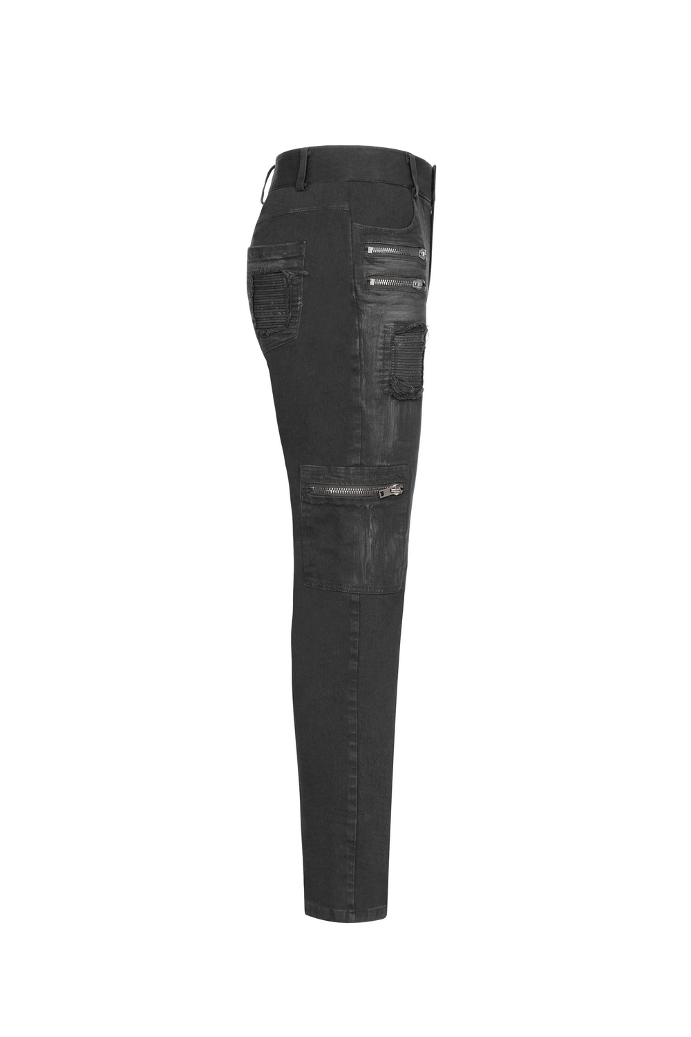 Stylish ripped black cargo pants featuring edgy zip details, perfect for a punk-inspired look.