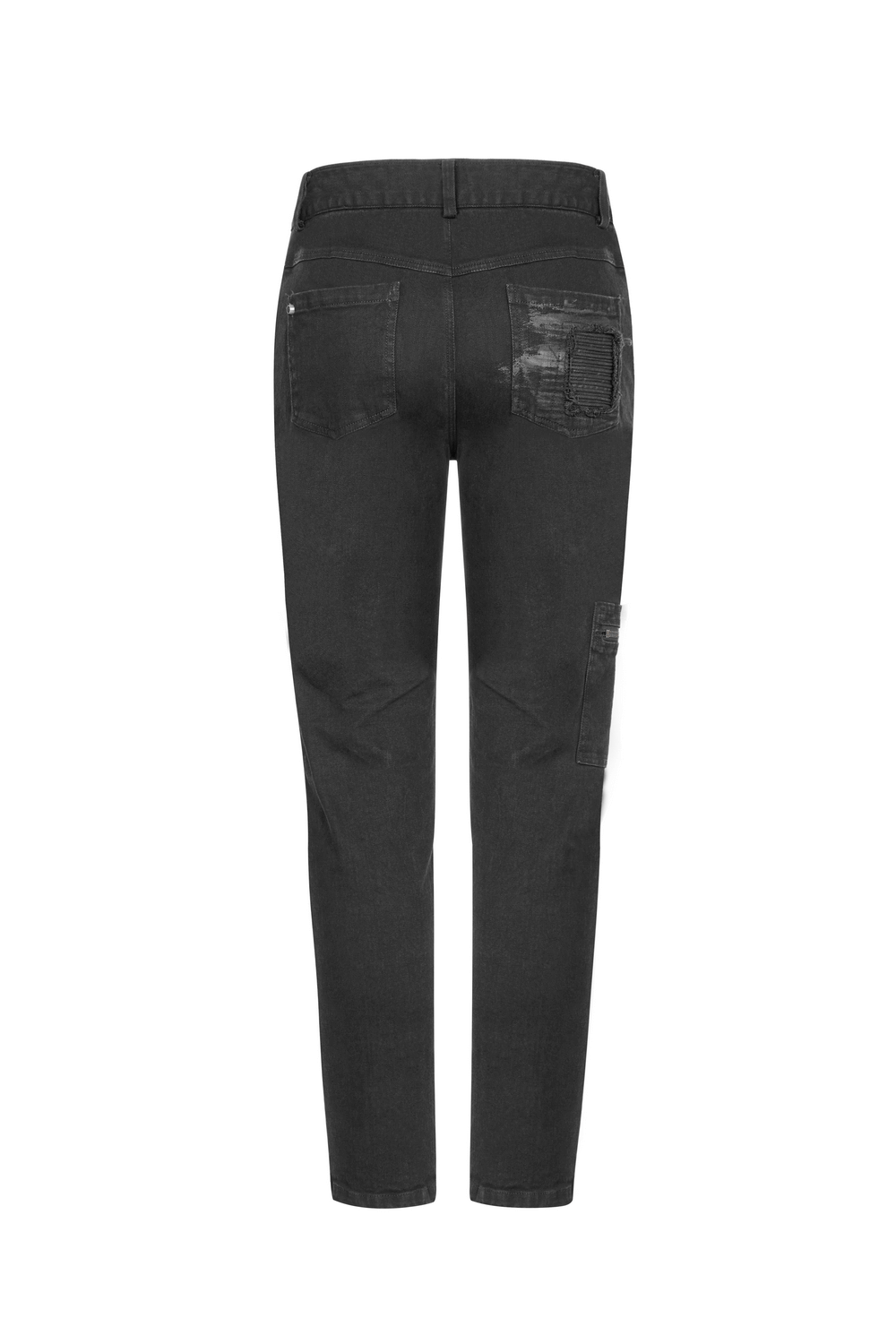 Back view of stylish ripped black cargo pants with edgy zip details and distressed accents.