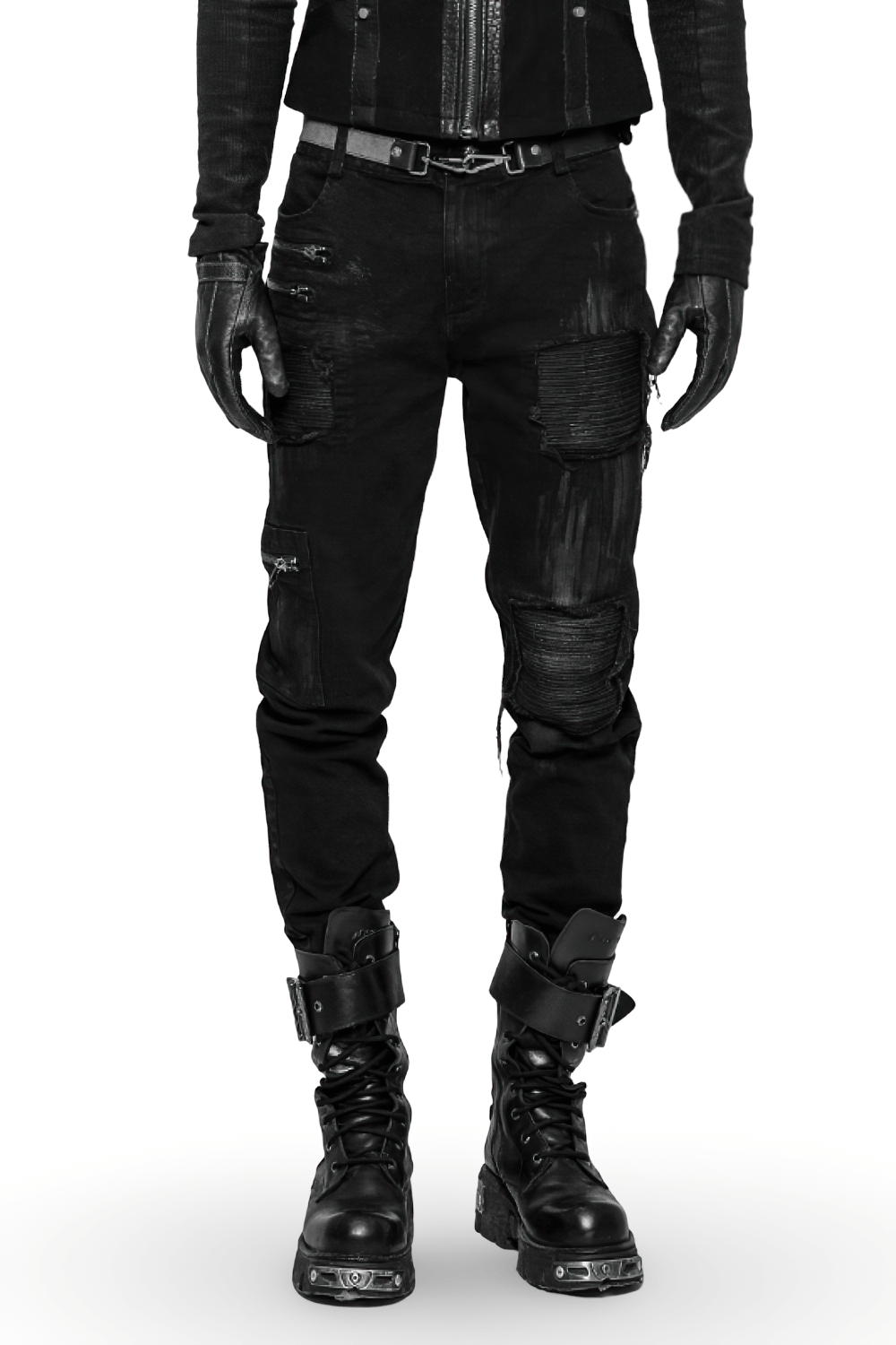Stylish ripped black cargo pants with zip details, embodying punk spirit with edgy accents and unique distressed design.