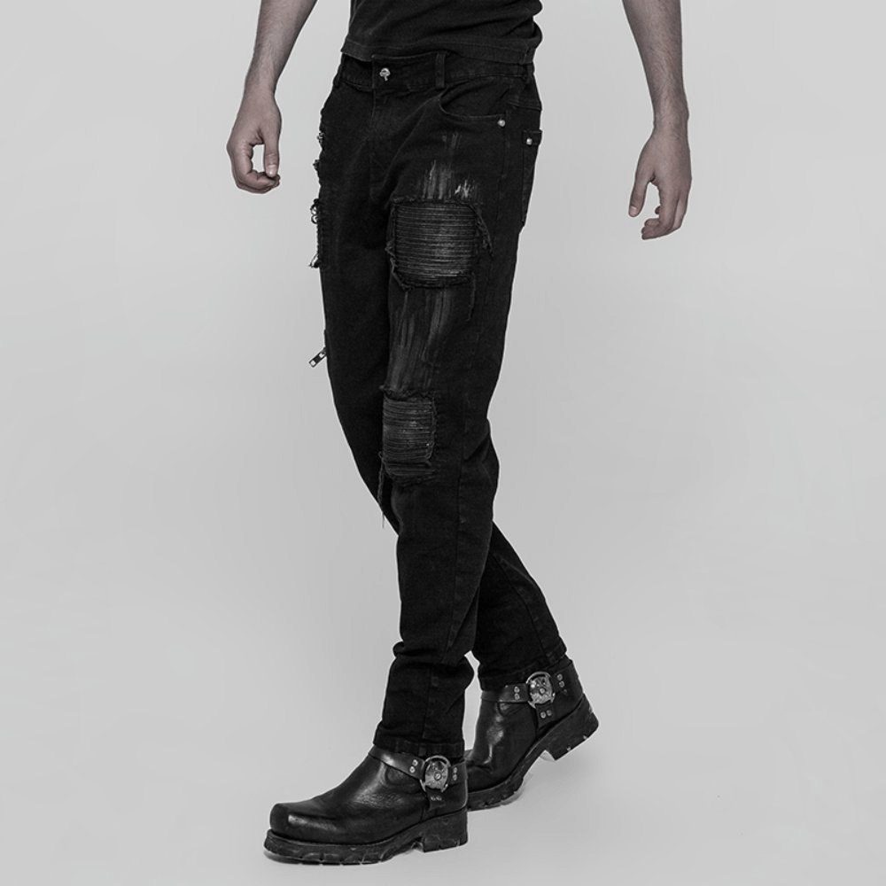 Stylish ripped black cargo pants featuring edgy zip details and a snug fit, perfect for embracing punk fashion vibes.