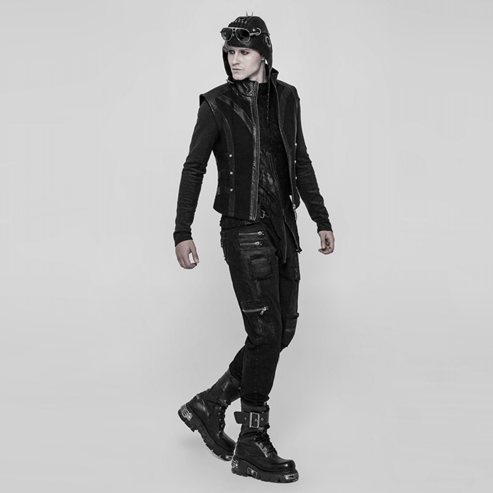Stylish punk model showcasing ripped black cargo pants with zip details and edgy accessories.