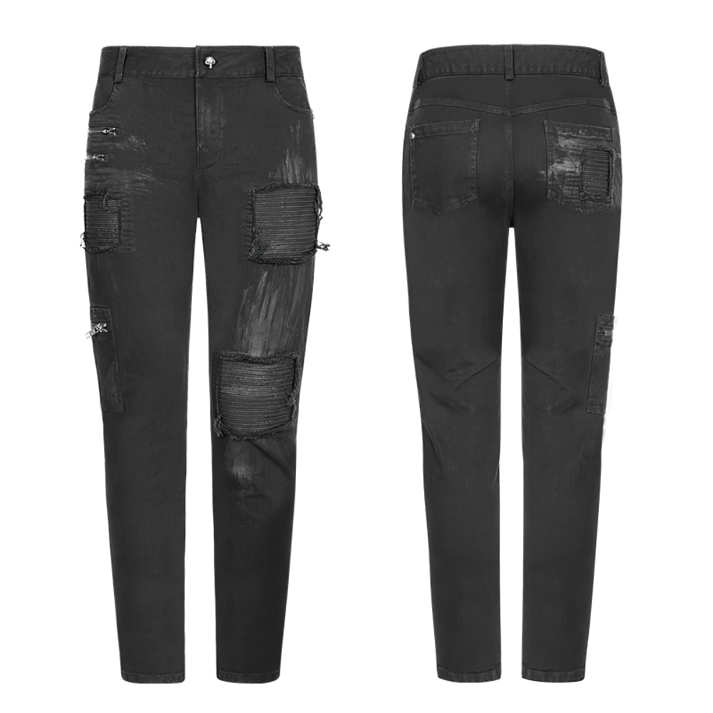 Stylish ripped black cargo pants with zip details and edgy distressed look, perfect for a punk-inspired outfit.