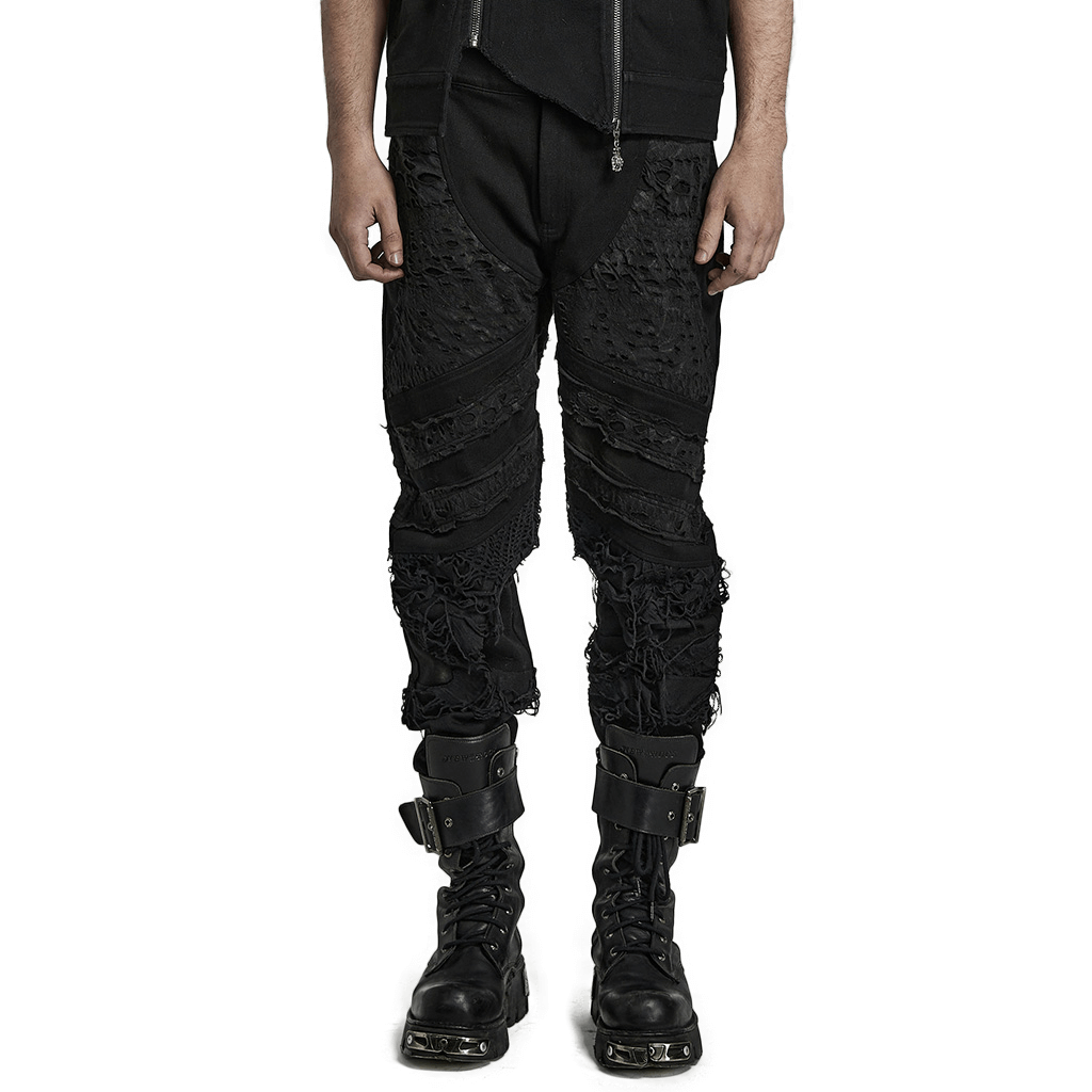 Stylish ripped black gothic trousers for men, featuring edgy distressed design and textured details, perfect for streetwear.