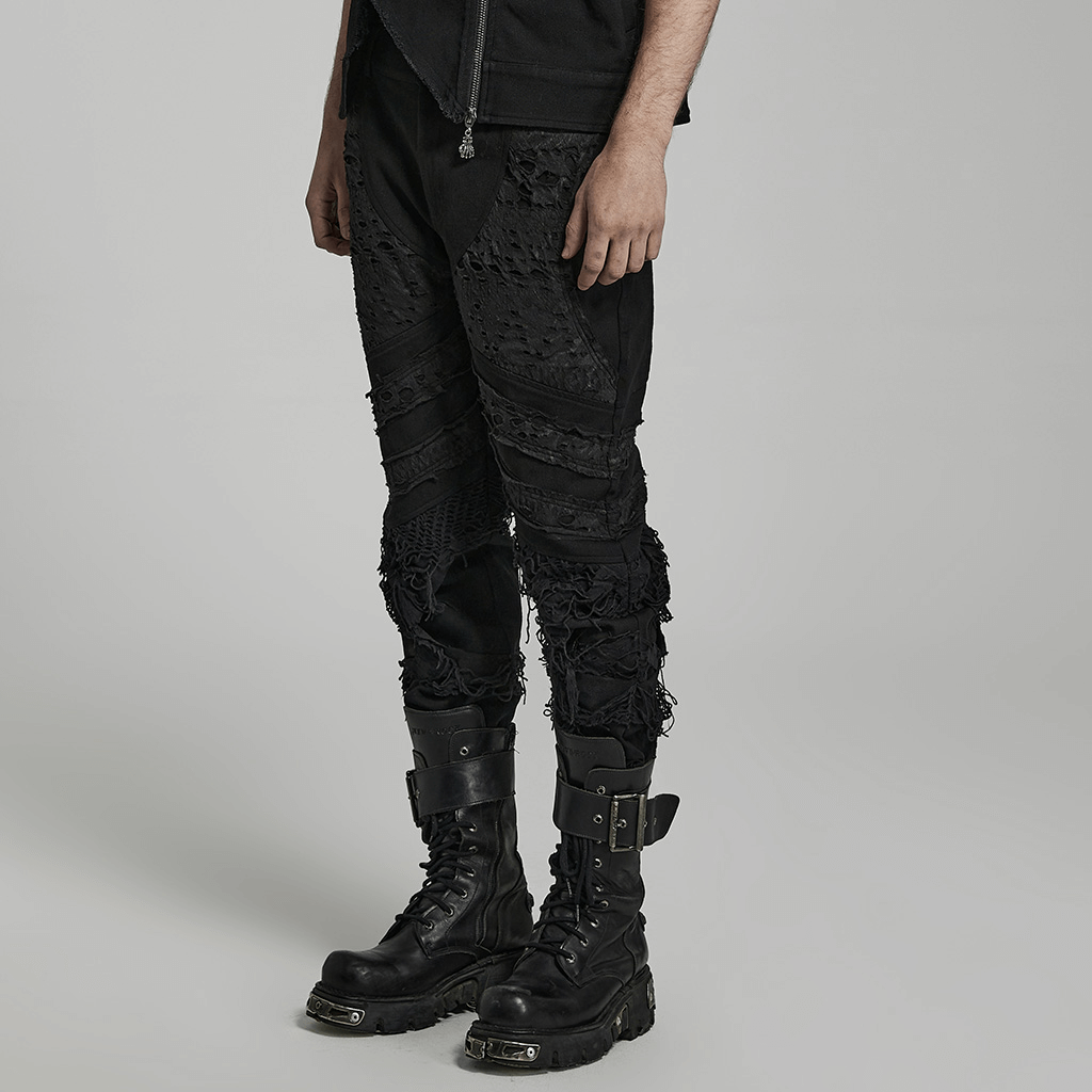 Stylish Ripped Knit Black Gothic Trousers for Men - HARD'N'HEAVY