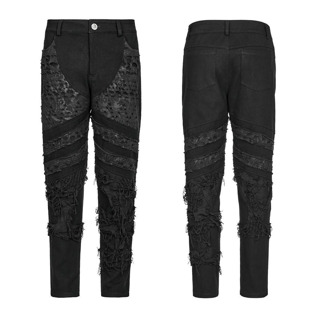 Gothic style black ripped knit trousers for men, showcasing edgy textures and a unique distressed design.