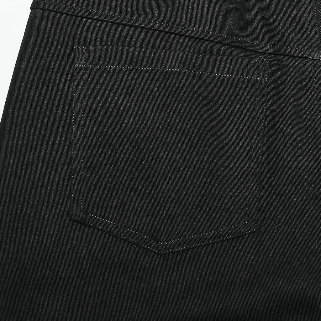 Close-up of the back pocket on stylish ripped black gothic trousers for men, showcasing sleek texture and design.