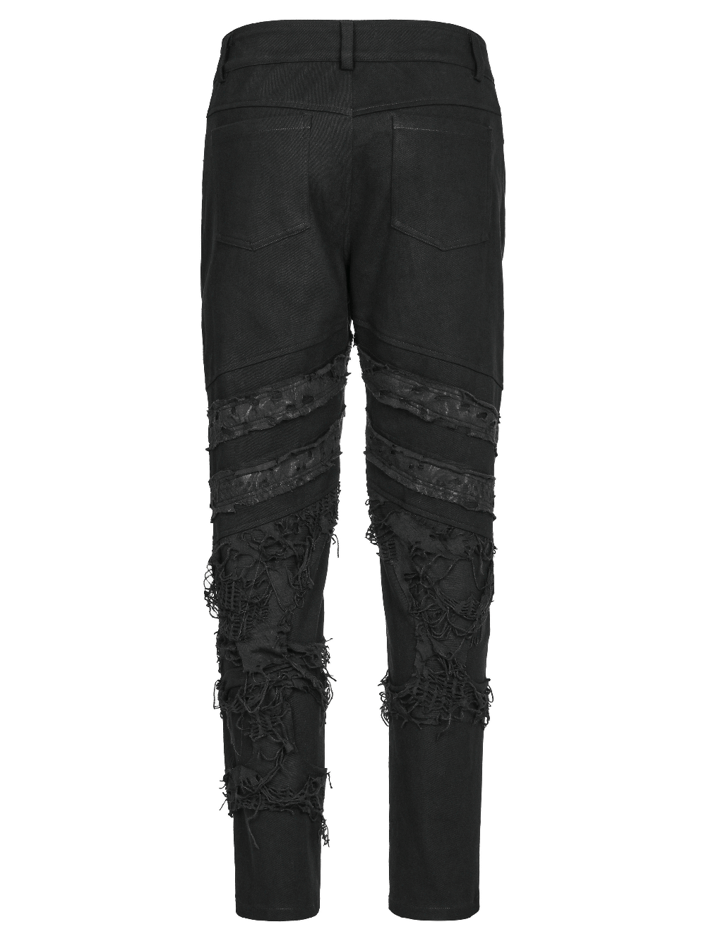 Stylish ripped black gothic trousers for men featuring edgy texture and distressing design.