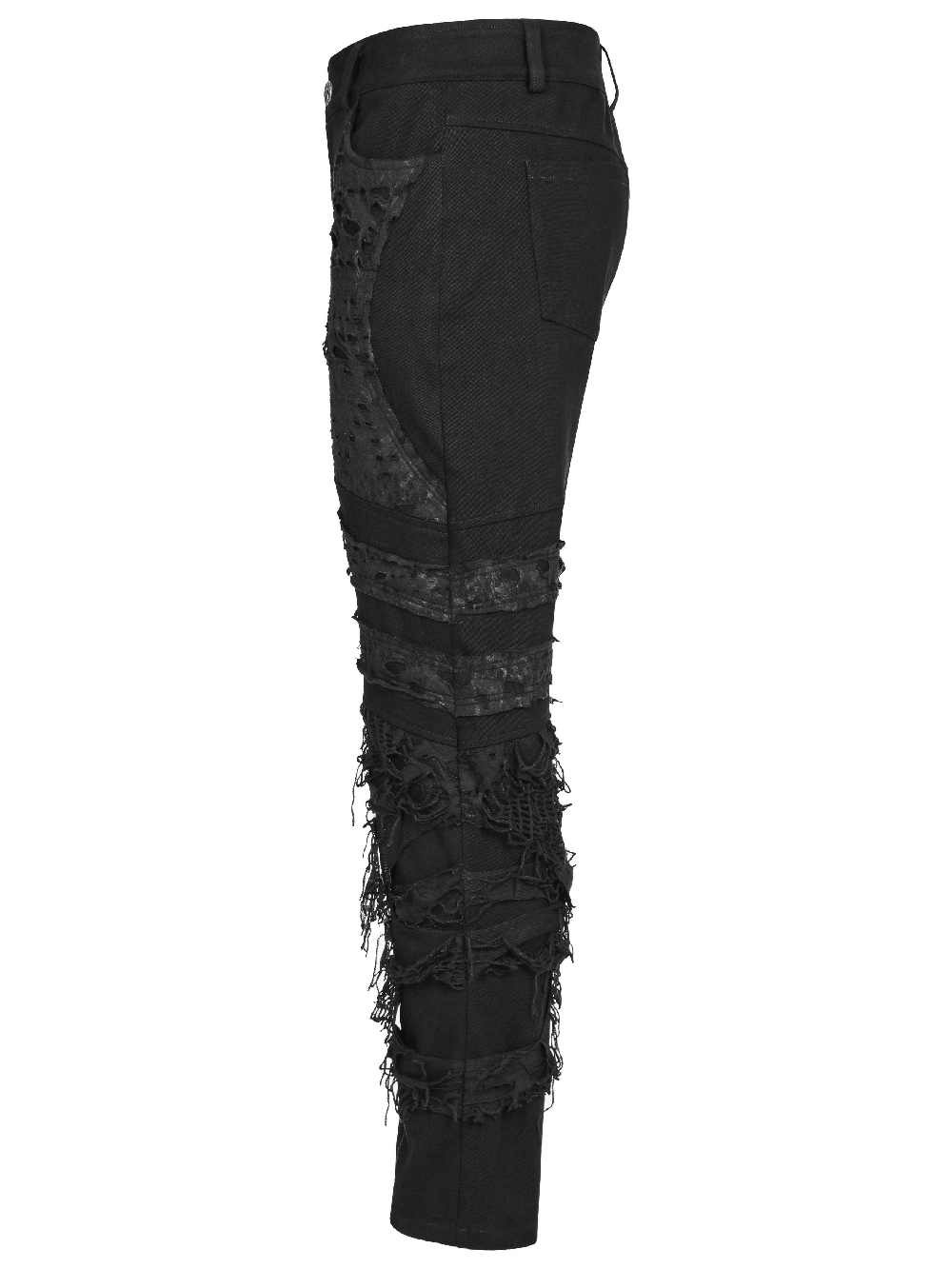 Stylish black gothic trousers for men with distressed knit and edgy textures, perfect for streetwear.