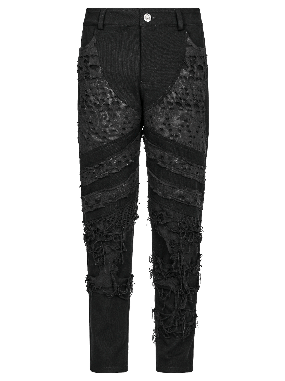 Stylish ripped knit black gothic trousers for men with edgy textured design and distressed detail.