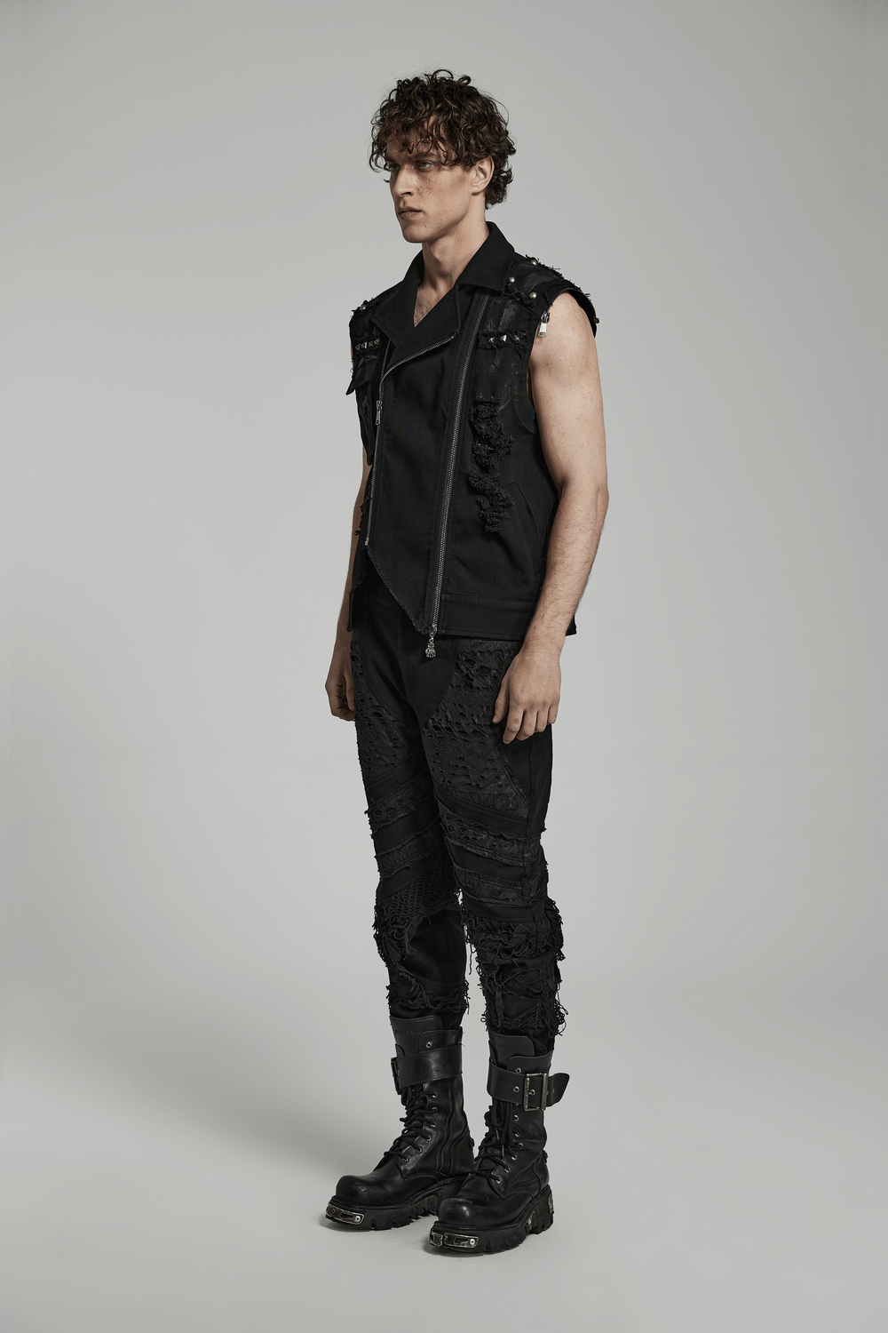 Gothic style ripped knit black trousers for men, featuring an edgy distressed design to elevate your streetwear.