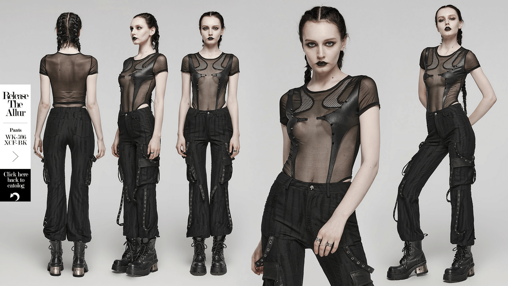 Stylish black sheer mesh bodysuit with edgy cutting, perfect for a punk rock outfit and figure-hugging fit.