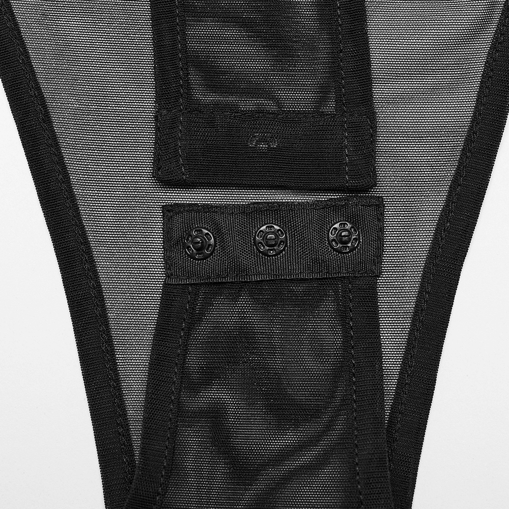 Close-up of the stylish black sheer mesh bodysuit detailing with detachable snap closures.