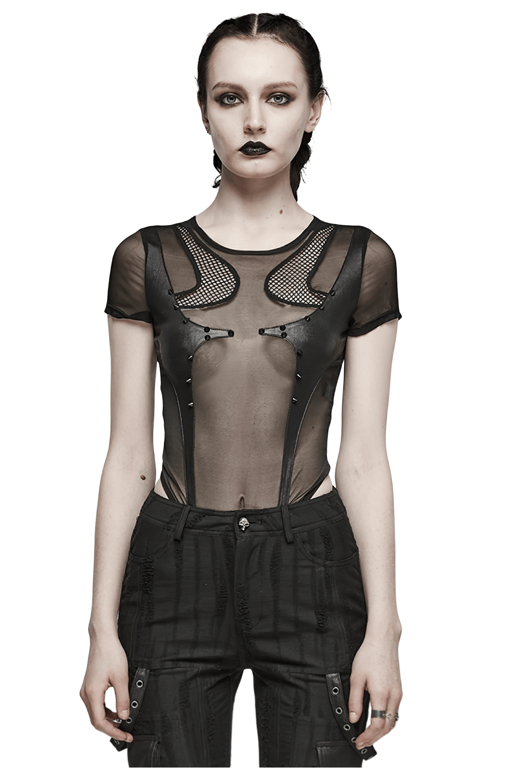 Stylish black sheer mesh bodysuit with cat design and edgy splicing, perfect for punk fashion enthusiasts.