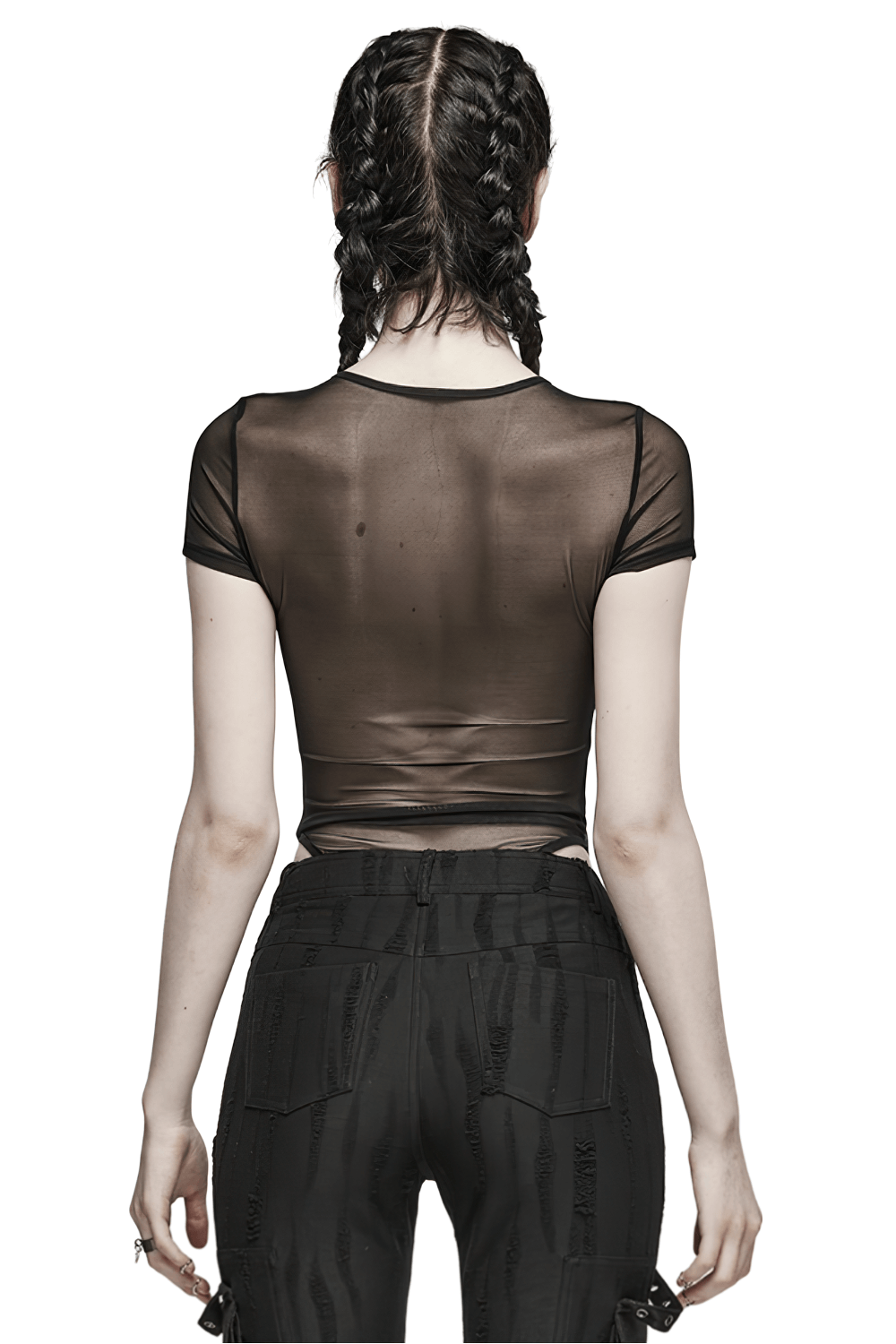 Back view of edgy black sheer mesh bodysuit showcasing stylish design and figure-hugging fit.