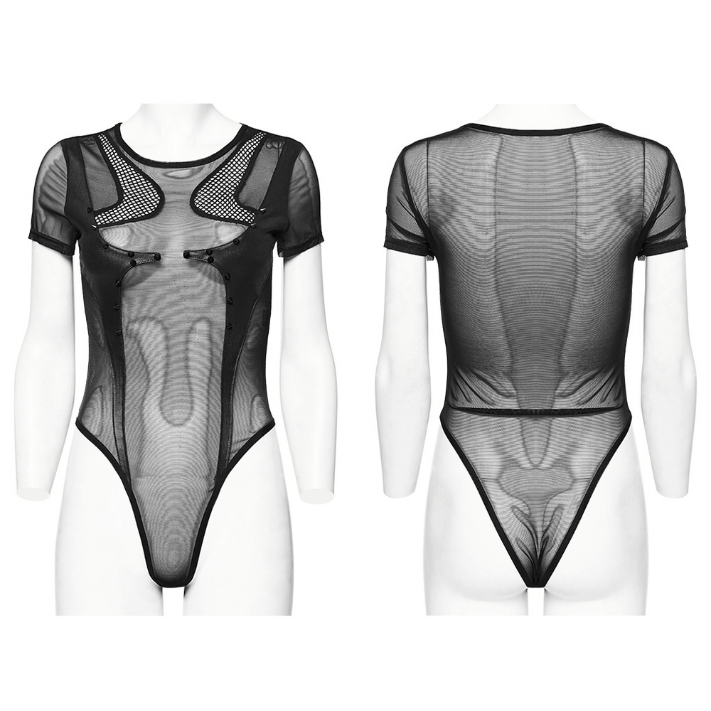 Stylish black sheer mesh bodysuit with cat design and unique mesh splicing. Perfect for edgy, bold looks.