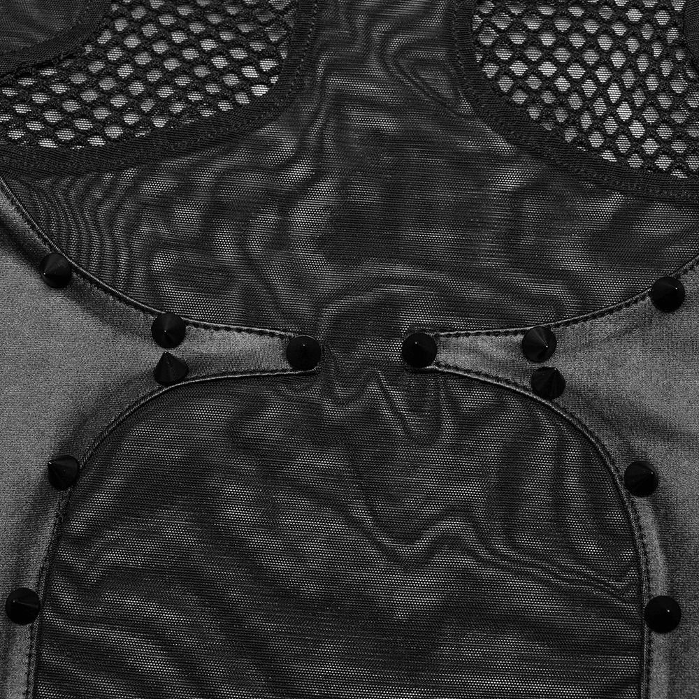 Close-up of stylish black sheer mesh bodysuit featuring cat design and snap closure details.