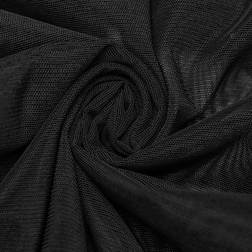 Close-up of black sheer mesh fabric, showcasing its textured and lightweight design, perfect for edgy bodysuits.