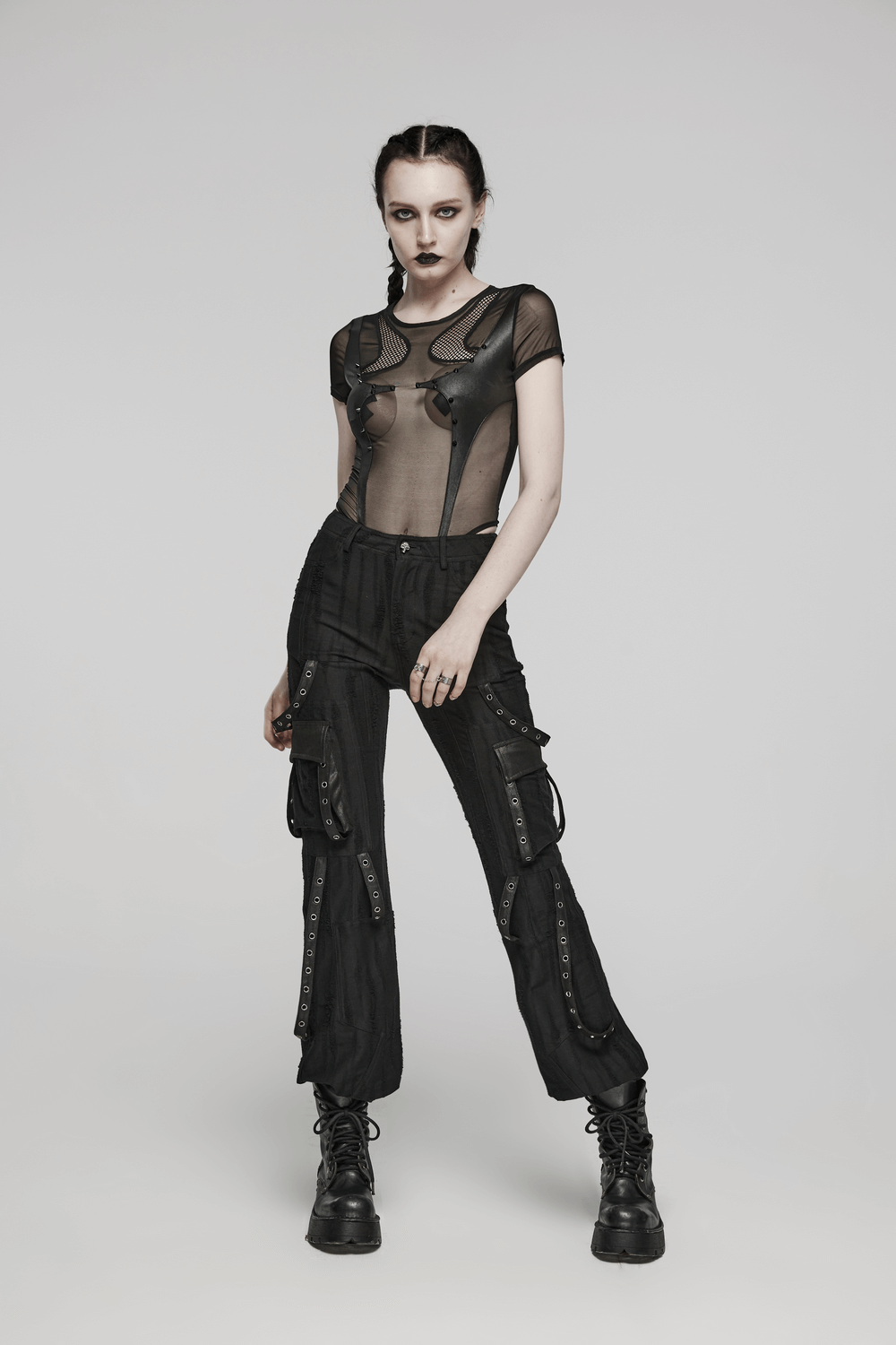 Edgy black sheer mesh bodysuit with stylish cat design, paired with cargo pants for a punk-inspired look.