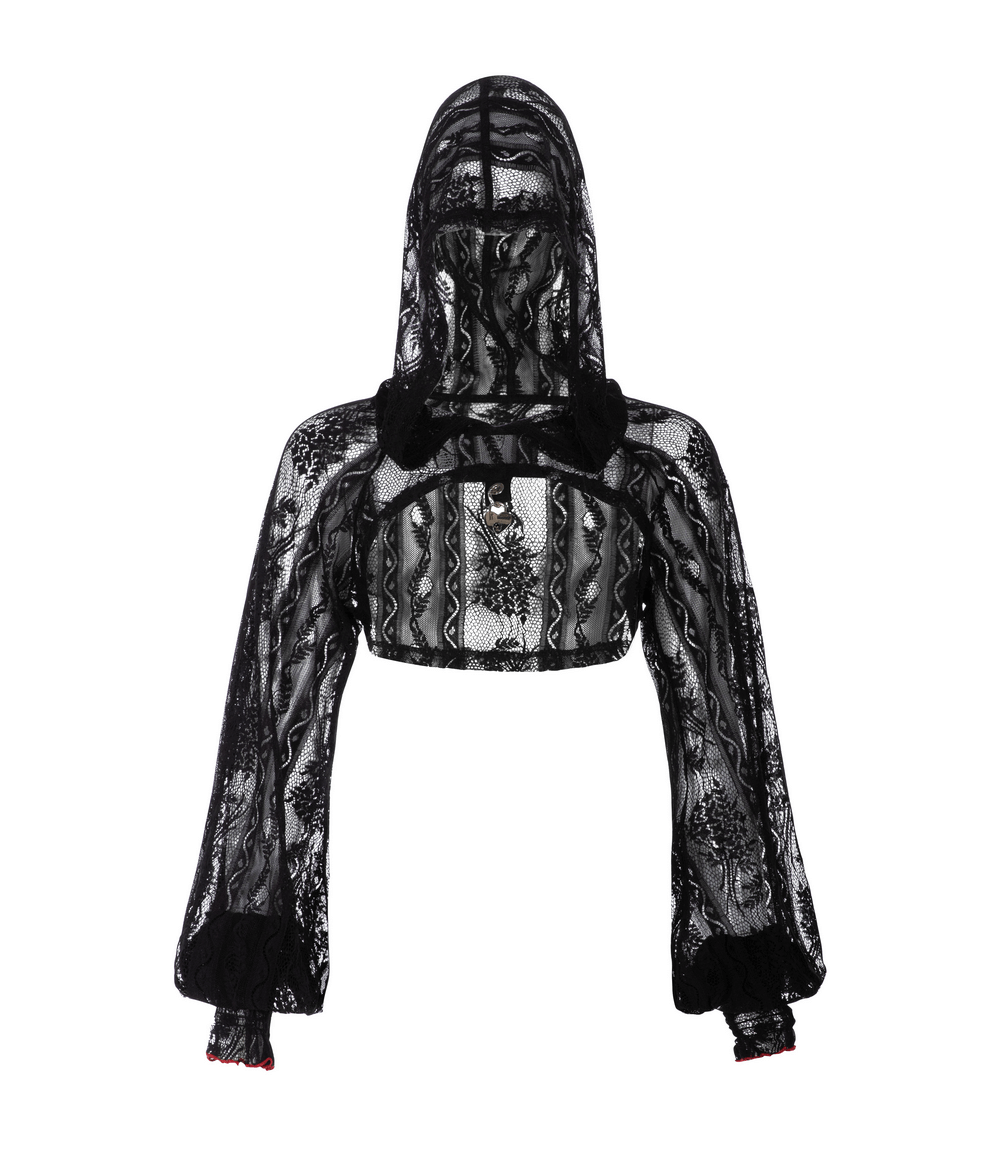 Stylish Short Black Lace Hooded Crop Top with Heart