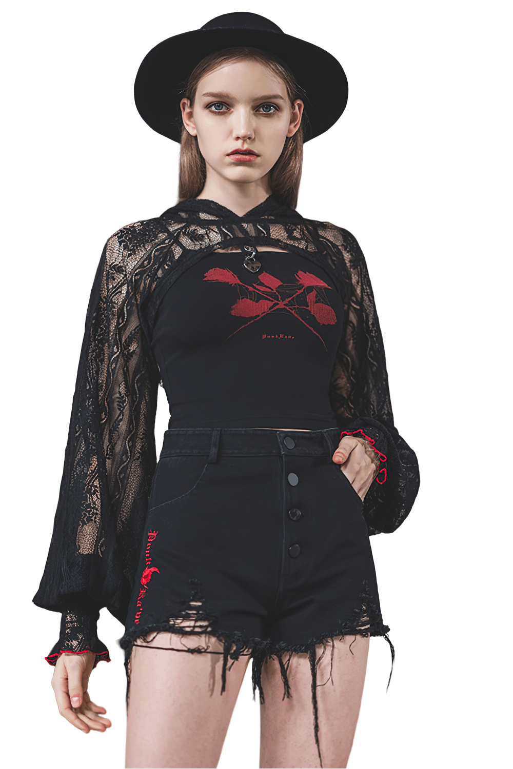 Stylish Short Black Lace Hooded Crop Top with Heart