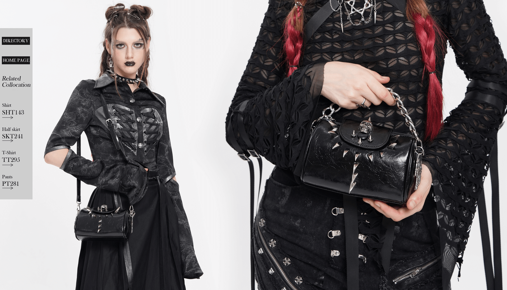 Stylish black leather crossbody bag showcased with modern edgy outfit and bold silver hardware accents.
