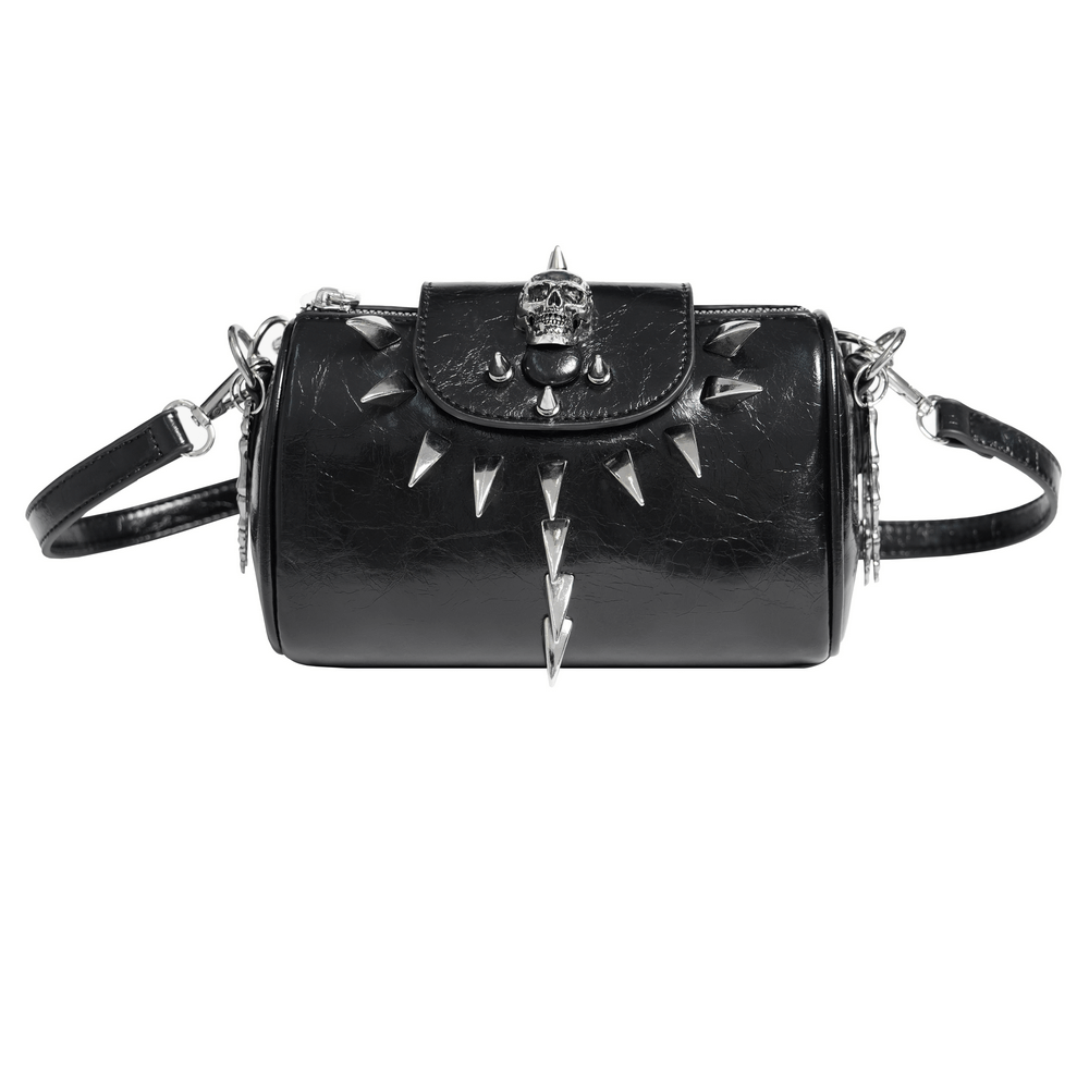 Stylish black leather handbag with spikes and skull detail, perfect for edgy fashion enthusiasts.