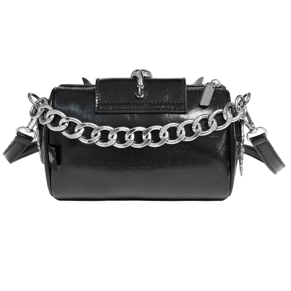 Stylish black leather crossbody bag with bold silver chain and detachable strap for versatile wear.