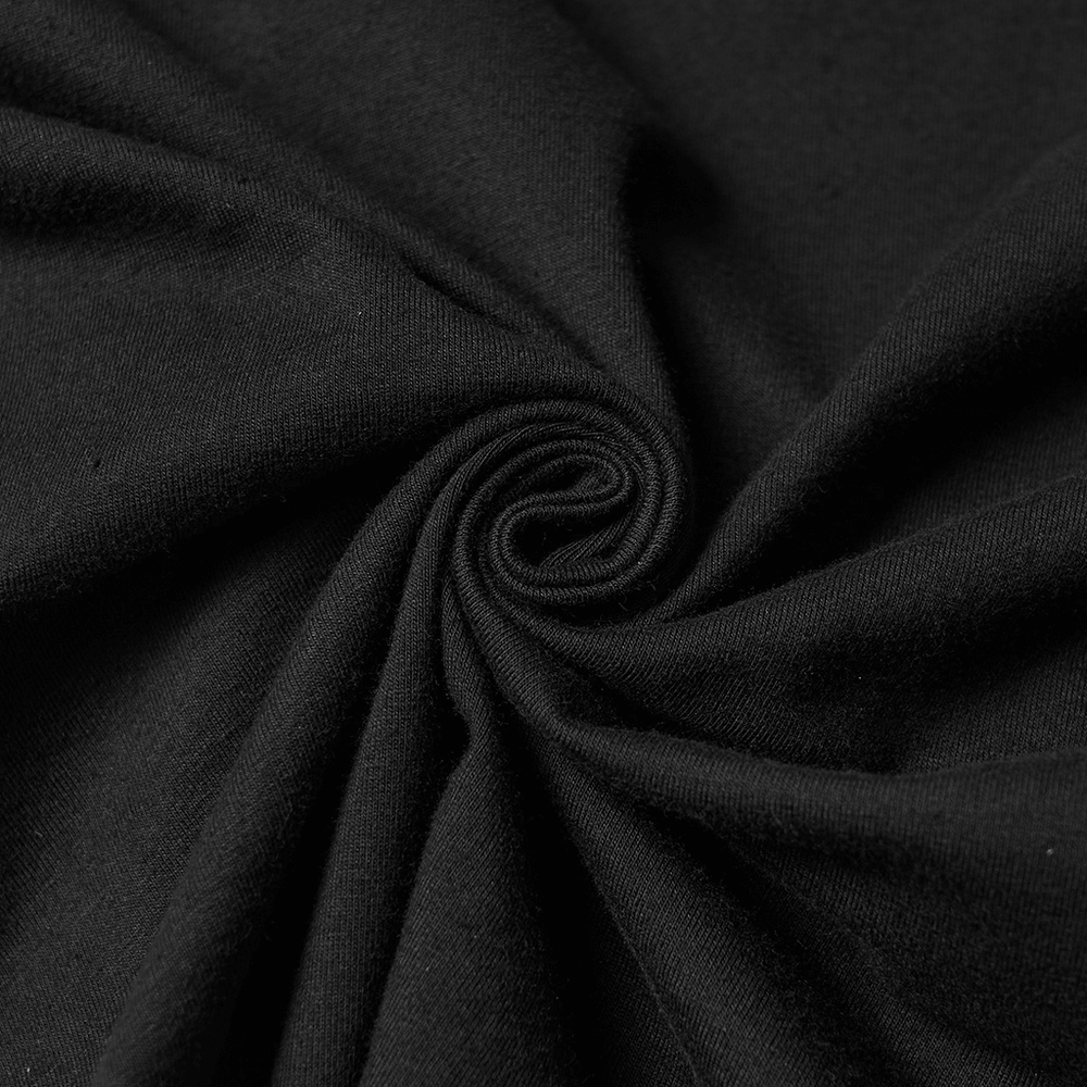 Stylish Skeleton Print T-Shirt with Studded Strap Detail black fabric close-up showing softness and texture.