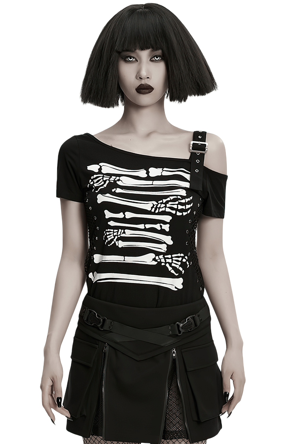 Stylish Skeleton Print T-Shirt with Studded Strap Detail worn by model with edgy makeup and fashion.