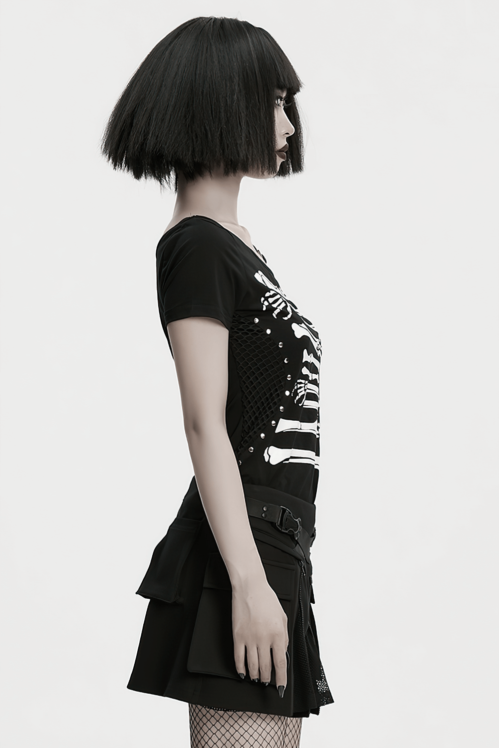 Stylish Skeleton Print T-Shirt with Studded Strap Detail worn by a mannequin showcasing gothic fashion style.