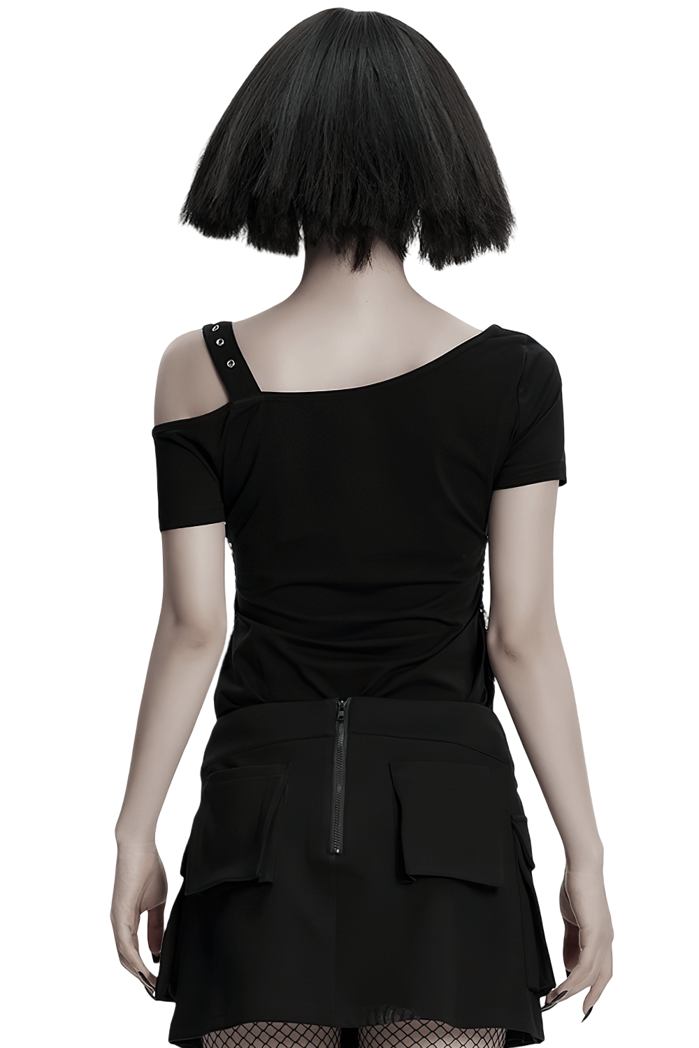 Back view of Stylish Skeleton Print T-Shirt with Studded Strap Detail showcasing mesh and studded design.