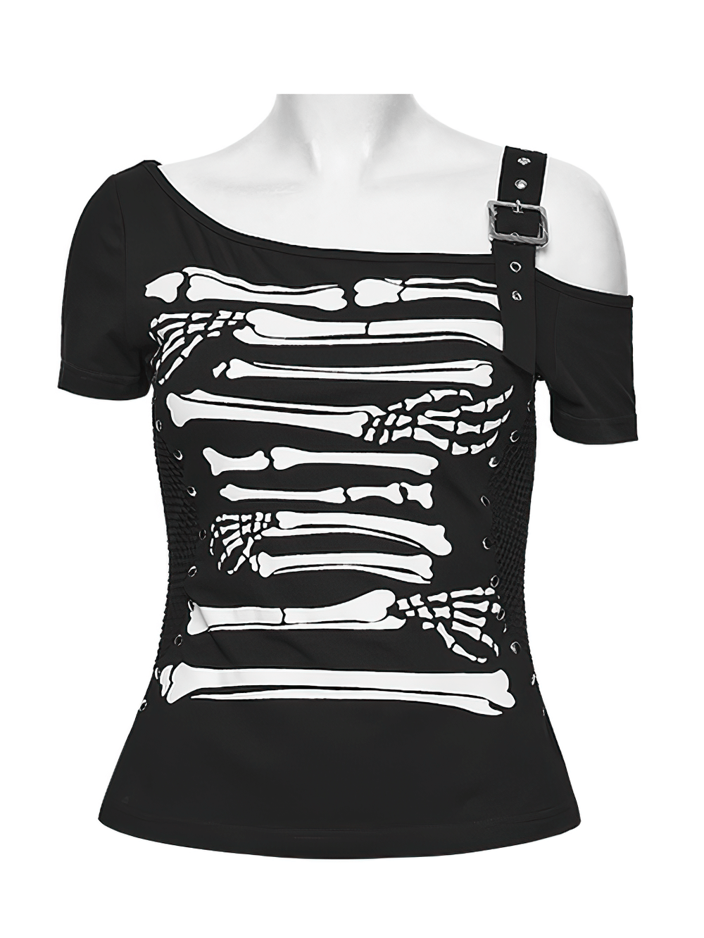 Stylish Skeleton Print T-Shirt with Studded Strap Detail featuring a skeleton design and mesh details.
