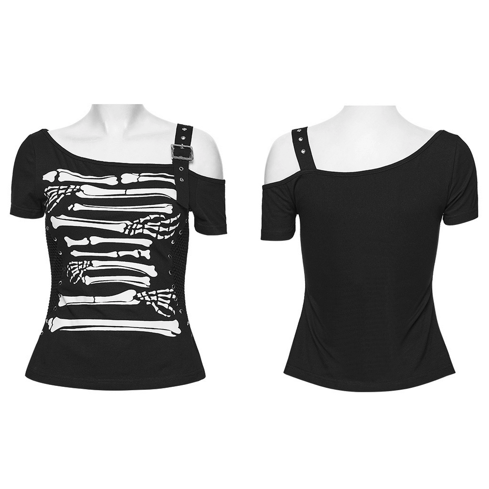 Stylish Skeleton Print T-Shirt with Studded Strap Detail featuring a striking skeleton design and mesh shoulder inserts.