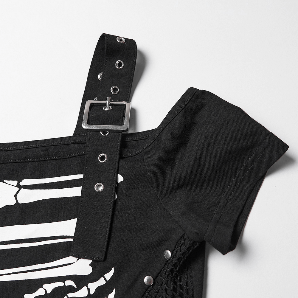Stylish Skeleton Print T-Shirt with Studded Strap Detail showcasing studded strap and mesh detail.